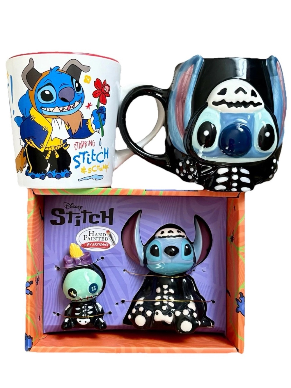 DISNEY LILO STITCH BEAUTY BEAST SCRUMP SKELETON Halloween Hand-Painted 4Pcs NWT